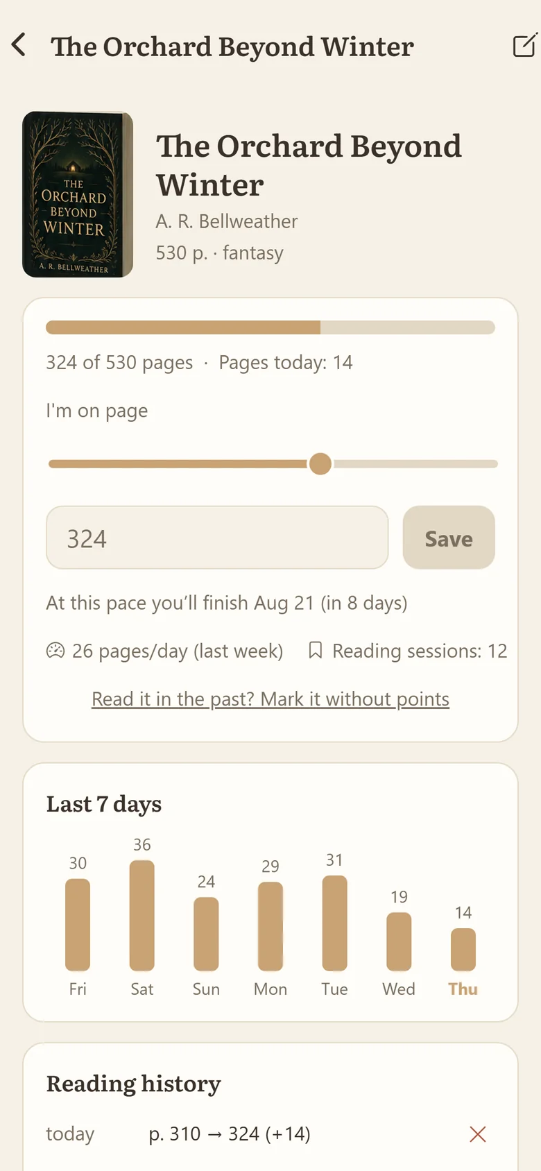 ReadEden on a phone: progress in the fictional book The Orchard Beyond Winter, page 324 of 530